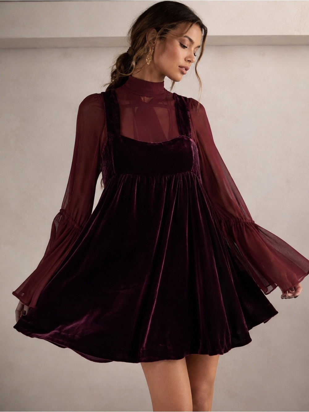 Free People Burgundy Velvet Sheer Bell Sleeve Mini Dress Size S Dark Academia